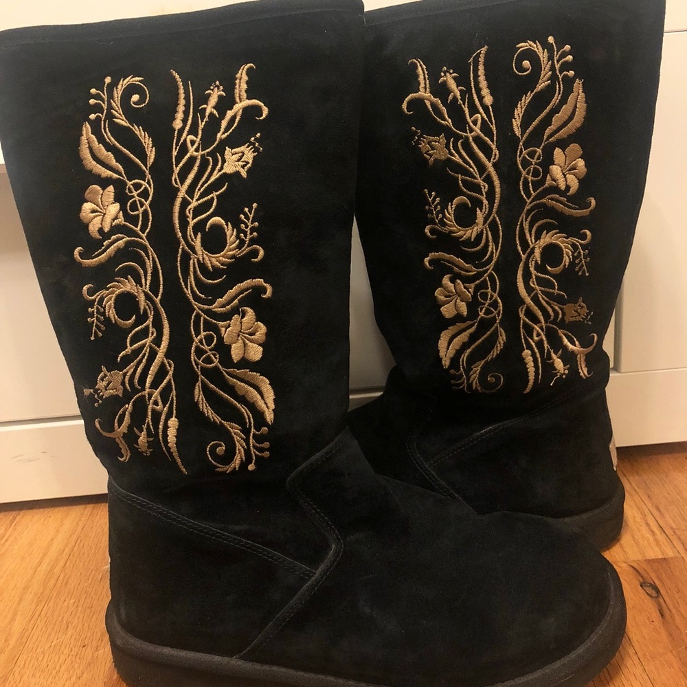Black Uggs With Gold Embroidering
